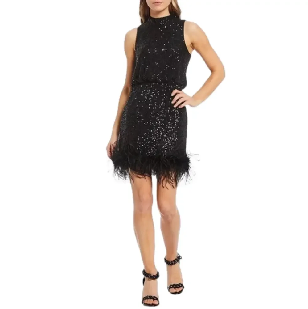 Eliza J Mock Neck Feather Hem Blouson Waist Sequin Sleeveless dress black 8P NWT - Picture 12 of 13